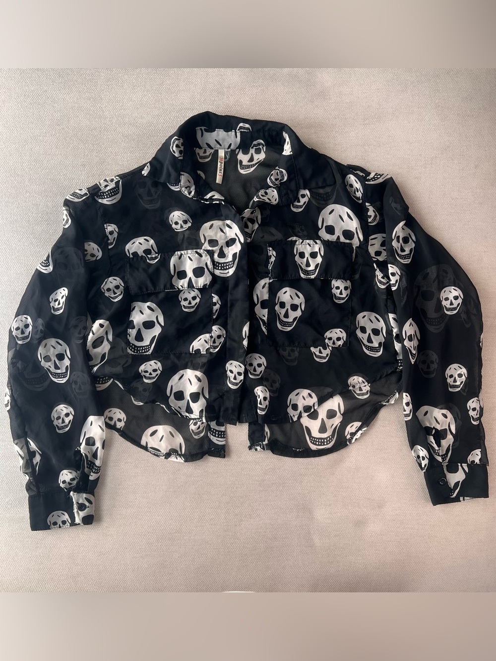 36Point5 Black & White Skull Print Button-Up Shirt Sheer Grunge Punk Emo Small